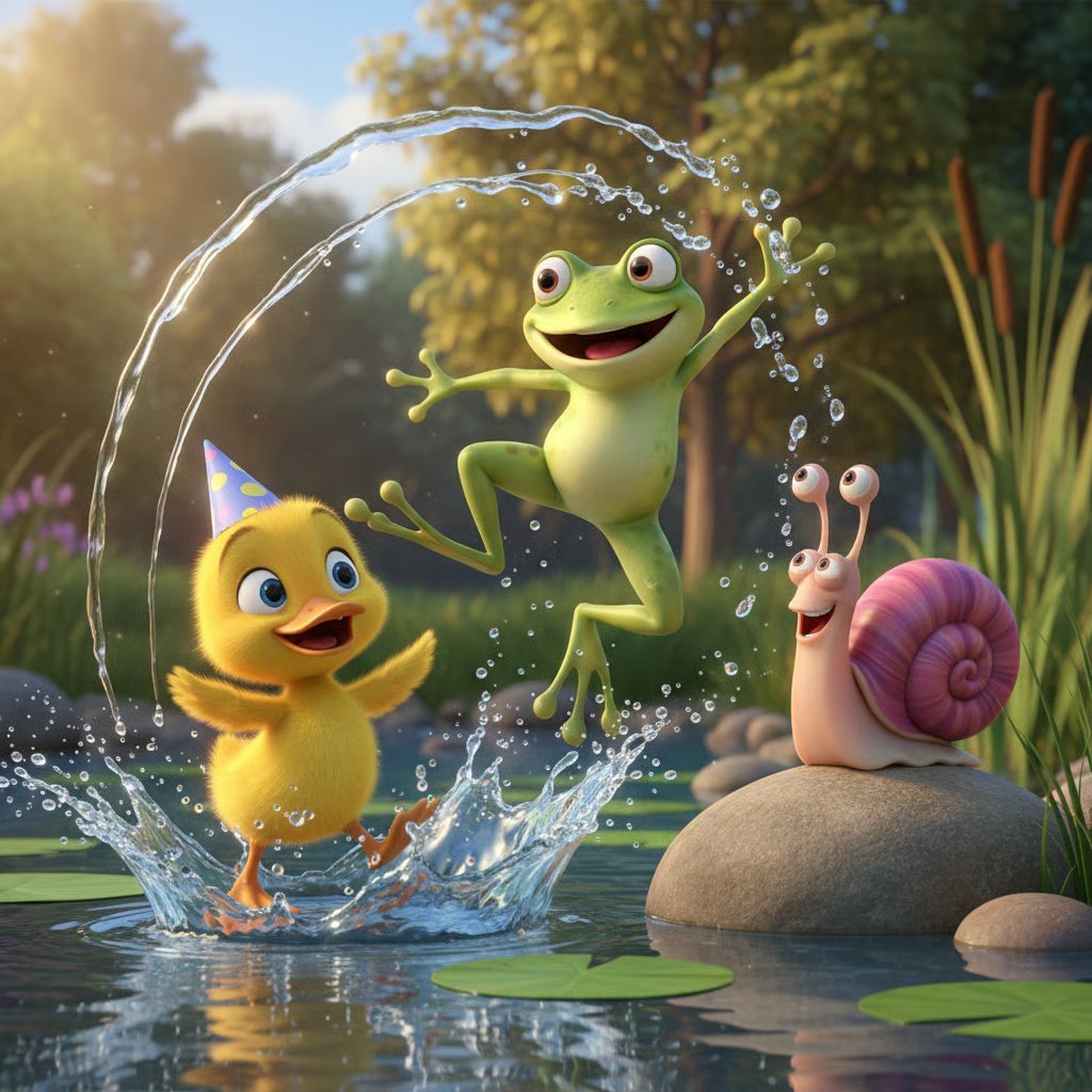 A cheerful green frog splashing water with a yellow duck and pink snail by a pond surrounded by garden plants
