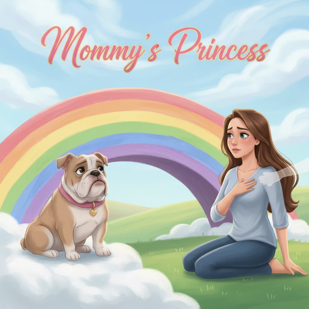 Woman sitting with brown bulldog on cloud with rainbow behind them, titled Mommys Princess