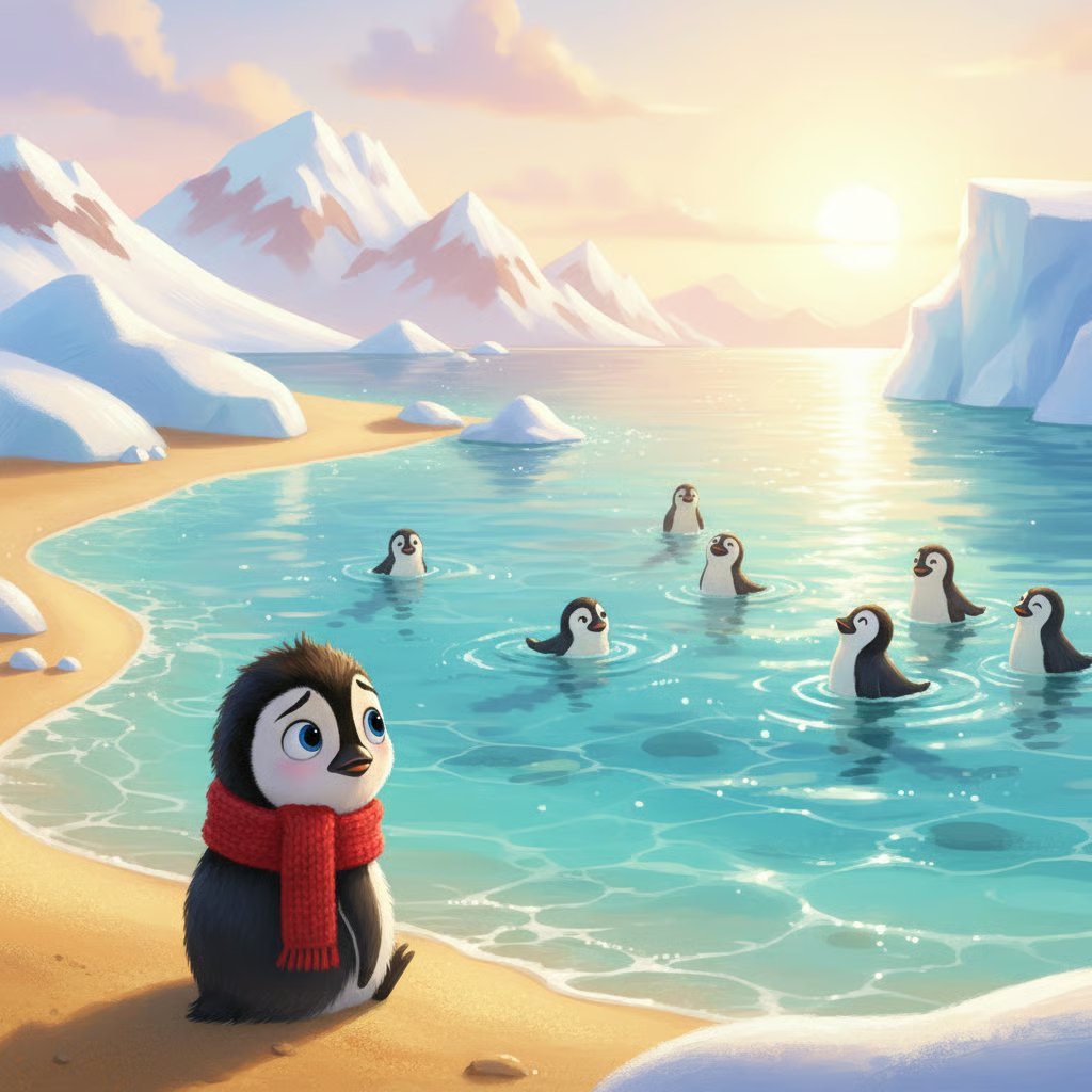 Cute animated penguin wearing red scarf sits on sandy beach watching group of penguins swimming in turquoise water surrounded by icebergs