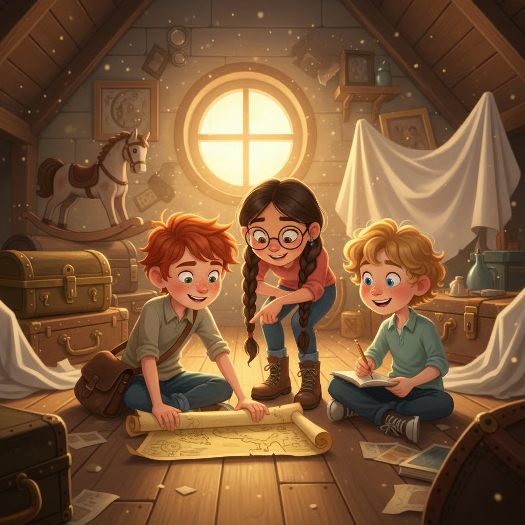 Three children looking at a map in a glowing attic filled with vintage toys, trunks, and treasures
