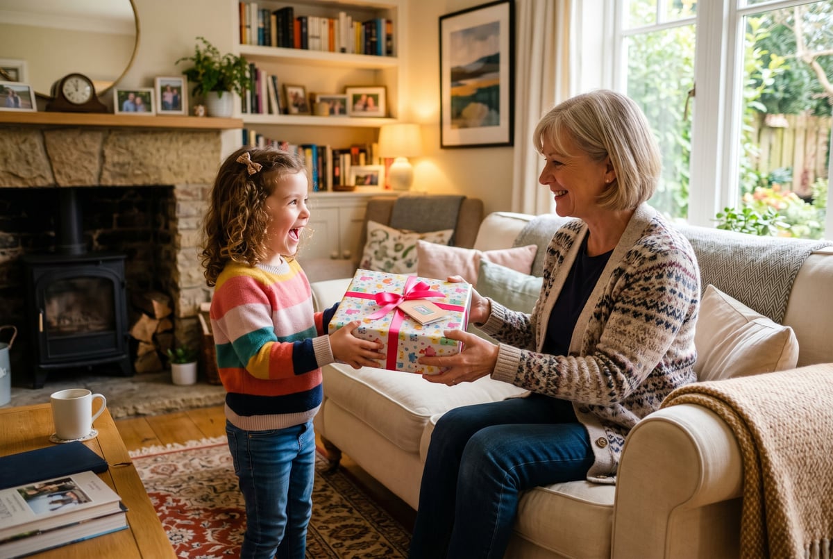 Grandmother gives wrapped gift to young granddaughter in cozy living room with fireplace and bookshelves