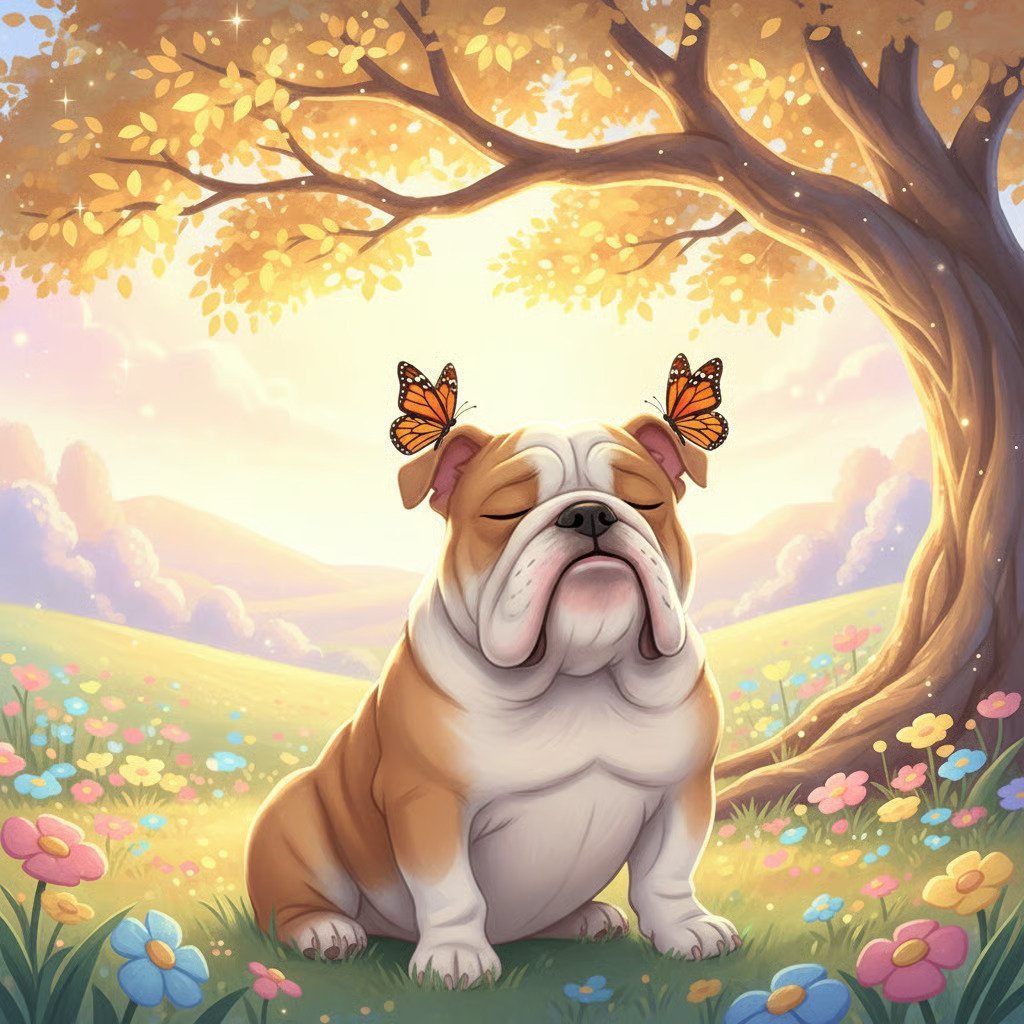 A bulldog sitting in a magical garden with colorful flowers under a glowing golden tree, with monarch butterflies perched on its head