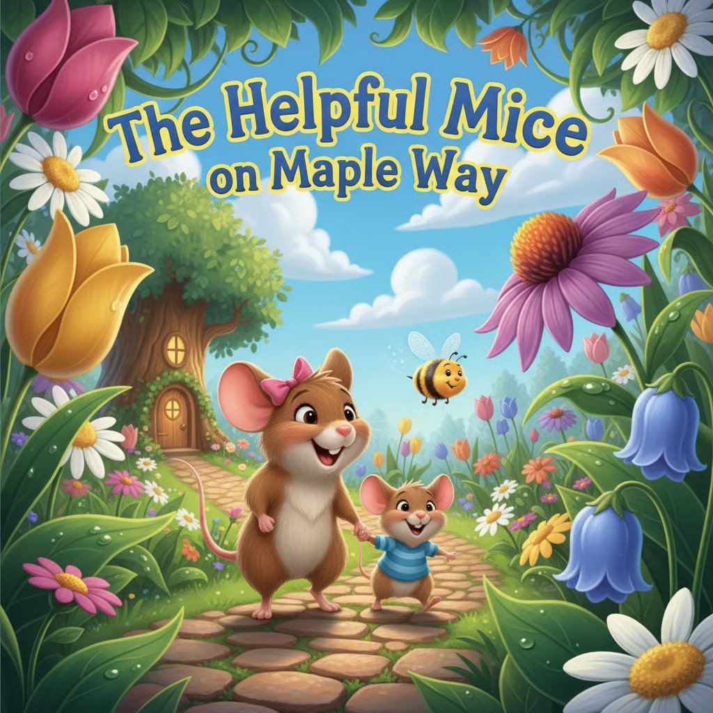 Colorful childrens book cover showing two mice on a garden path surrounded by oversized flowers and a small cottage house in a whimsical setting