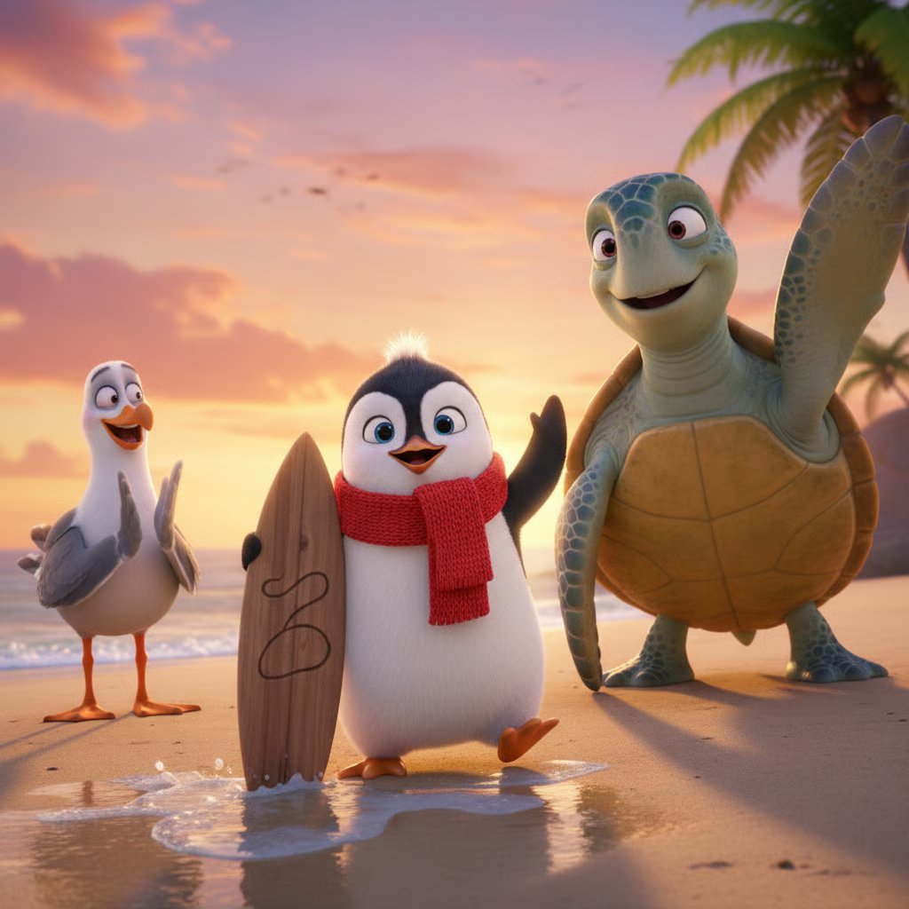 Three animated characters on a beach at sunset: a penguin in a red scarf, a seagull, and a sea turtle with a surfboard