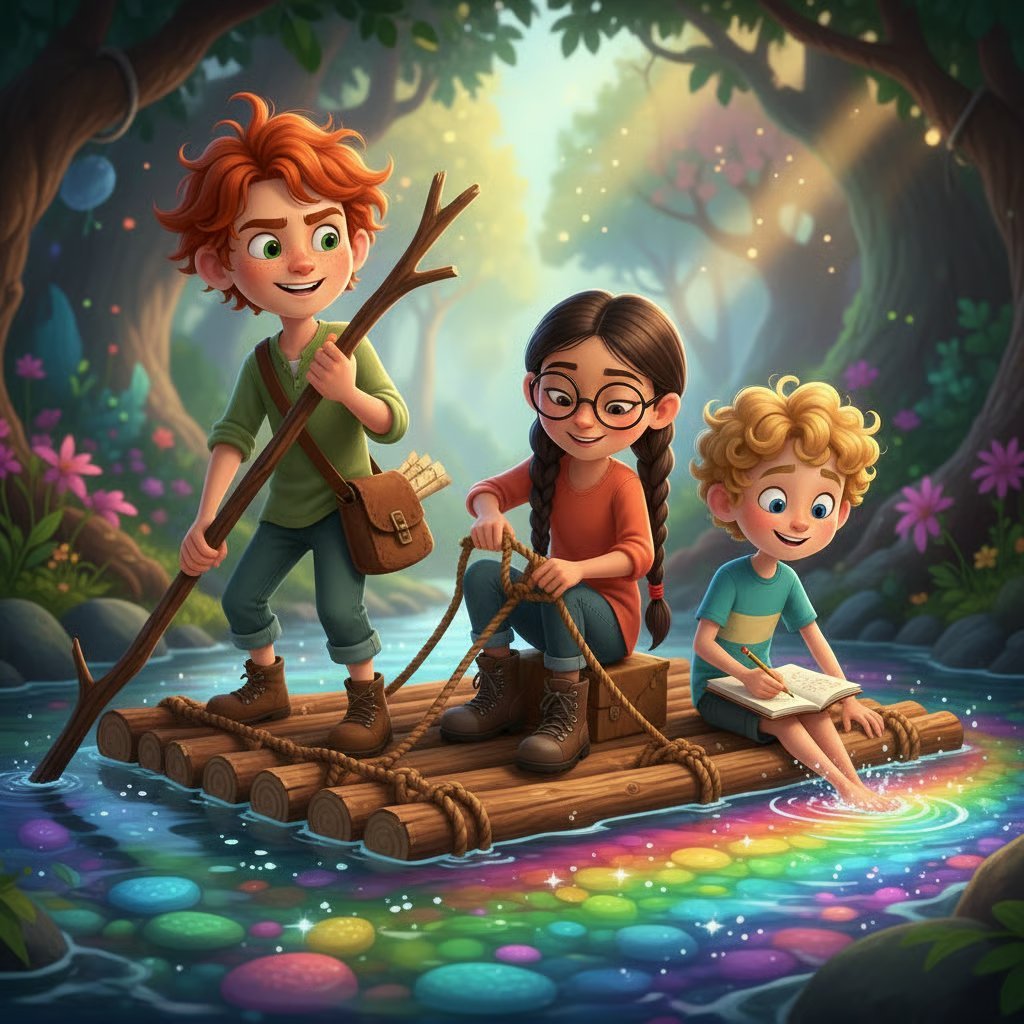 Three animated children on a wooden raft floating on a colorful rainbow river in a magical forest with glowing lights and purple flowers