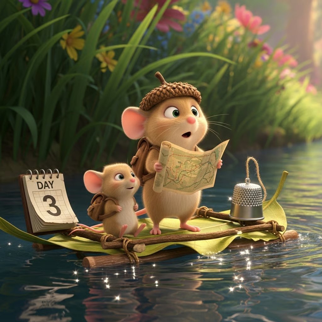 Two animated mice characters on a leaf boat reading a map in a pond with colorful flowers and garden items