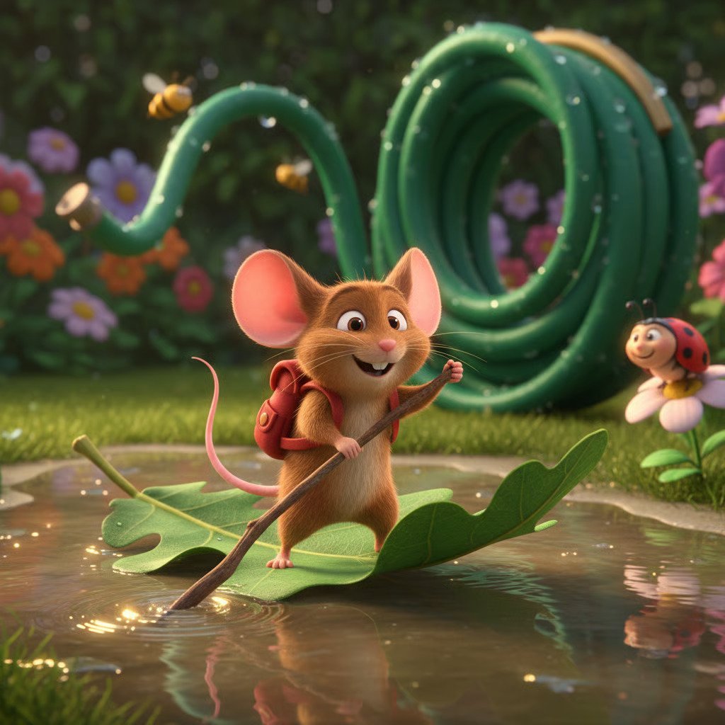 Cheerful cartoon mouse with large ears in red outfit standing on a lily pad in a whimsical garden with cacti and flowers