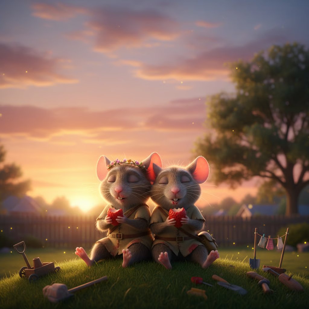 Two cartoon mice sitting together at sunset in a field with trees, surrounded by small tools and flowers