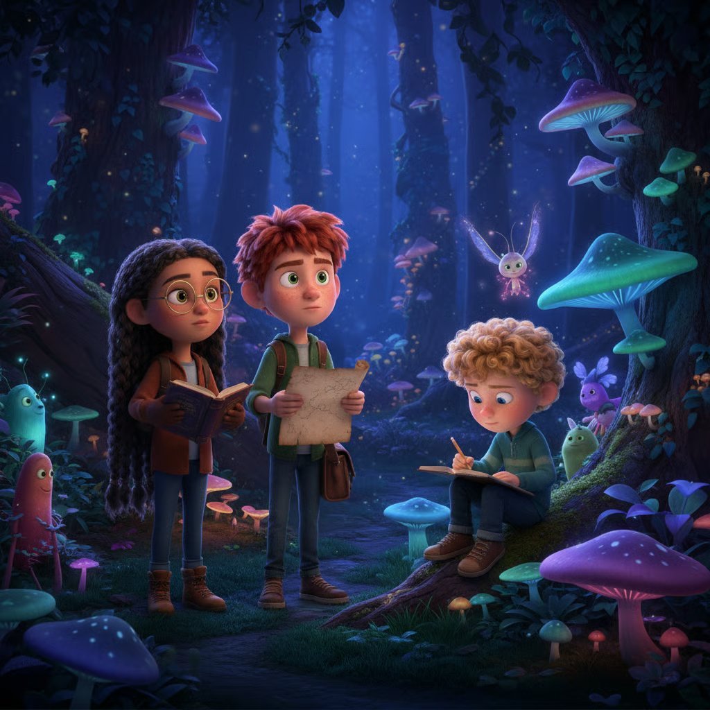 Three animated children explore a magical bioluminescent forest with glowing mushrooms, fish, and trees in blue and purple hues