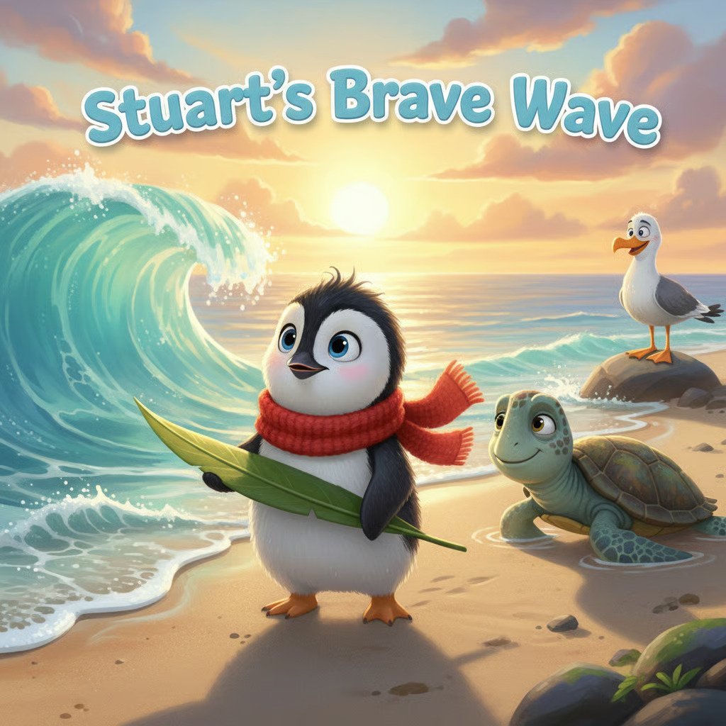 Animated penguin in red scarf holding surfboard on beach with large wave, seagull, and turtle nearby at sunset