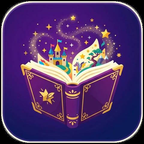 An open book with gold ornamental cover displays a magical castle and glowing stars emerging from its pages against a purple background.