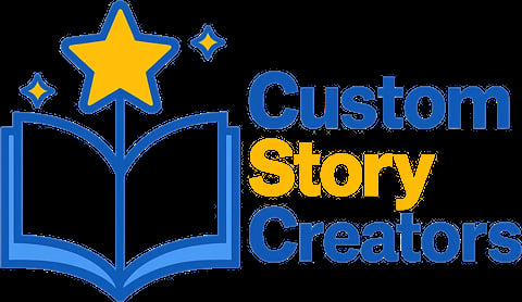Custom Story Creators logo featuring an open book with a star and sparkles